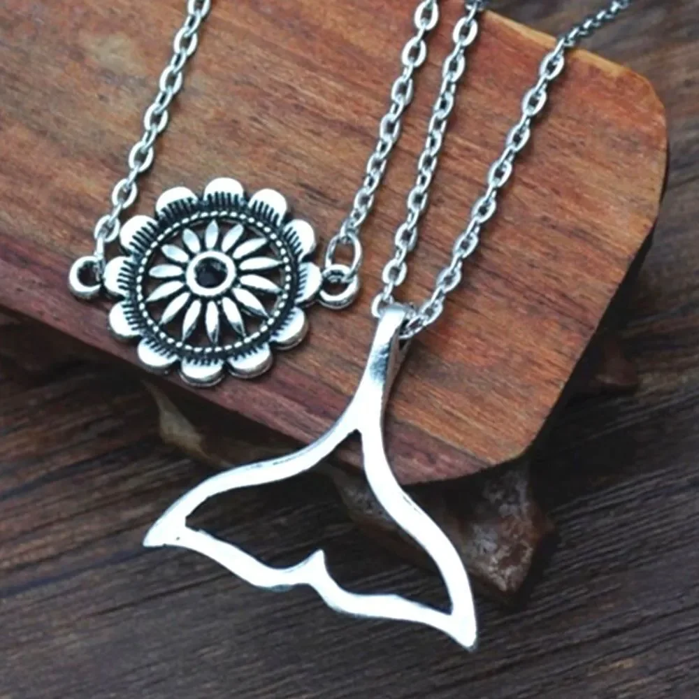 Silver Multi Layer Whale Tail Floral Medallion Charm Necklace NEW